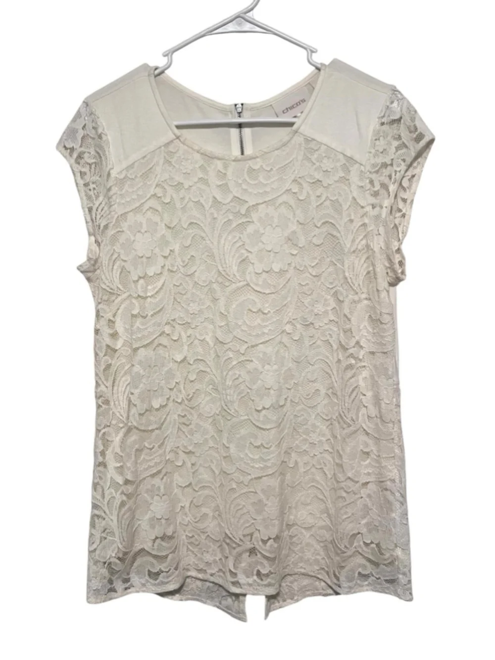 Chico's Lace Overlay Top Women’s Small 0 Cream Lined Zipper Back Cottagecore